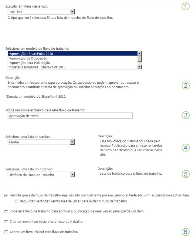 Informações básicas para adicionar um fluxo de trabalho com explicações sobre as seções