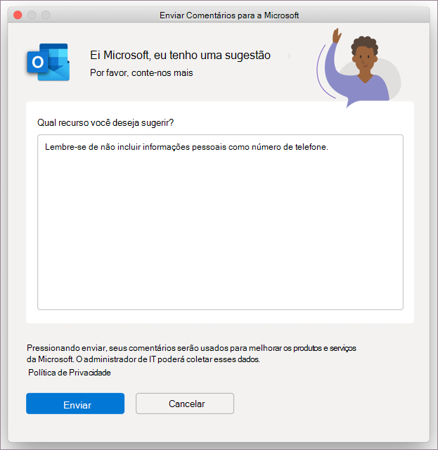 Caixa de diálogo comentários para o Outlook no MacOS