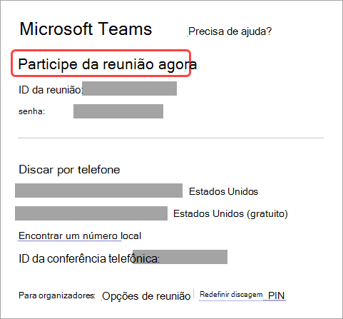 Captura de tela mostrando como participar de uma reunião do convite.