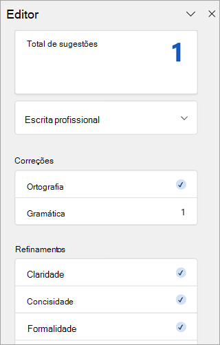 Captura de tela do painel Editor no Outlook