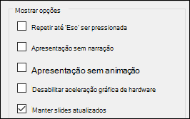 O grupo de opções Mostrar de Configurar Apresentação de Slides com Manter os Slides Atualizados habilitado.