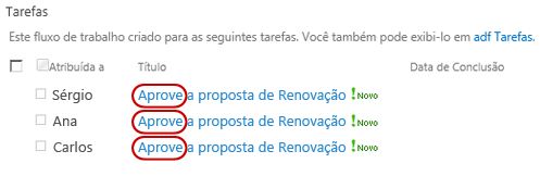 Tarefa na lista da página Status do Fluxo de Trabalho com texto Aprove destacado