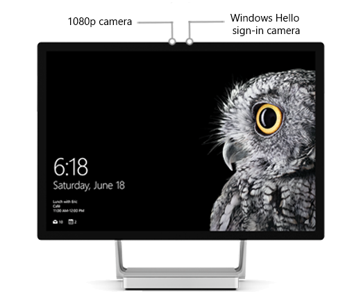 Uma imagem do ecrã Surface Studio, com etiquetas que identificam a posição das duas câmaras junto ao centro na parte superior