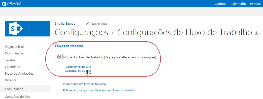 Link para alterar configurações de fluxo de trabalho