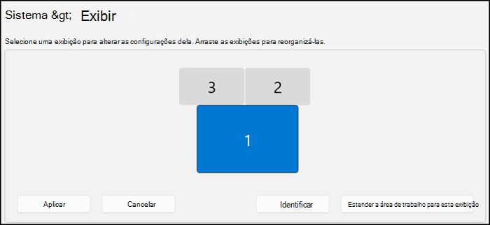 Mostra a seção da Tela Exibição que indica como seus monitores estão organizados. O texto diz que você pode selecionar um monitor para alterar suas configurações ou arrastar as telas para organizá-las.