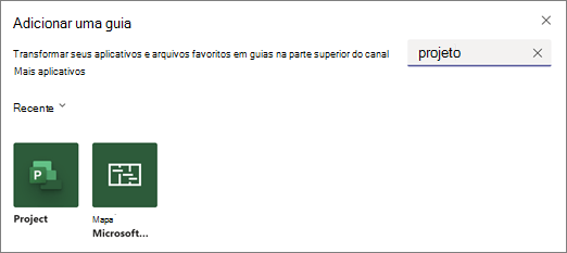 Captura de tela mostrando a caixa de diálogo Adicionar uma guia e os resultados da pesquisa para o projeto de termo