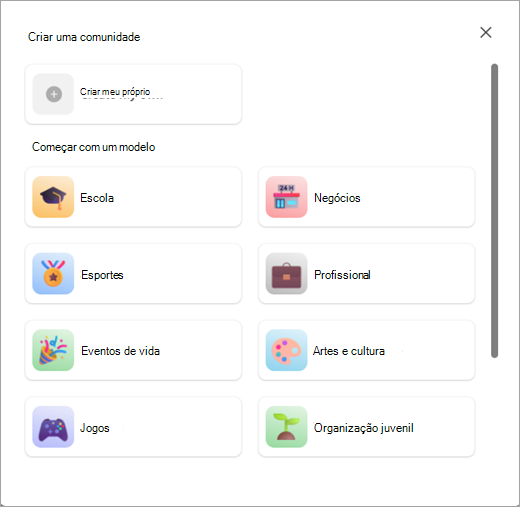 Captura de ecrã dos botões para criar uma comunidade com ou sem um modelo nas Comunidades no Microsoft Teams (gratuito).