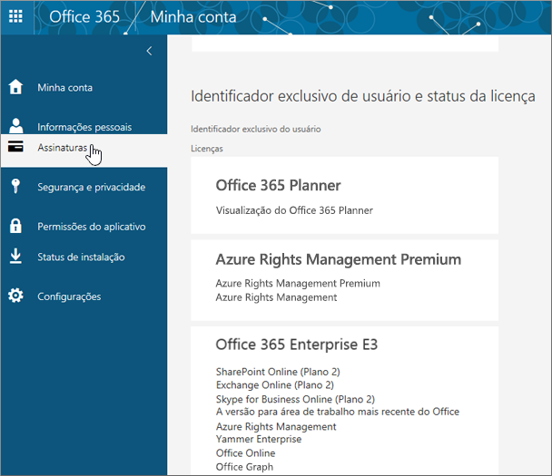 Página Assinaturas do Office 365