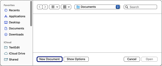 Janela TextEdit com o botão Novo Documento.