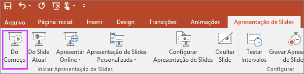 Mostra o botão "do começo" na guia apresentação de slides do PowerPoint