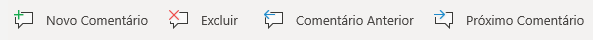 Os botões Comentários no Windows Mobile: Criar novo comentário, Excluir comentário atual, Ir para o comentário anterior e Ir para o próximo comentário