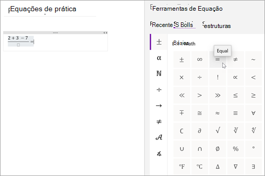 Selecione Símbolos e, em seguida, selecione uma categoria para procurar símbolos matemáticos disponíveis.