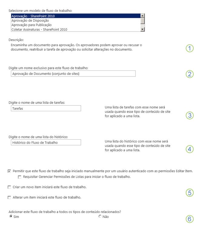 Página de configuração do fluxo de trabalho