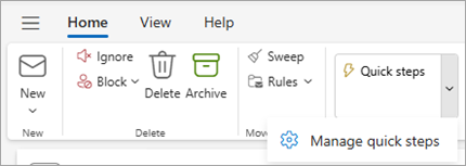 Captura de tela da faixa de opções do Outlook mostrando Gerenciar a configuração de etapas rápidas