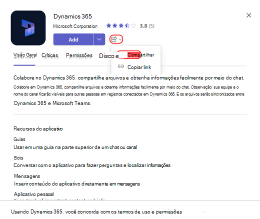 Selecione o ícone Compartilhar e, em seguida, o botão Compartilhar para compartilhar o aplicativo