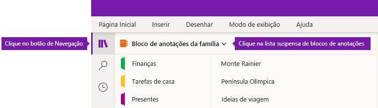 Expandir a lista de blocos de anotações no OneNote para Windows 10