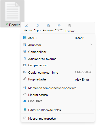 Captura de tela do menu contextual do arquivo mostrando as novas opções de corte/cópia/renomeação/compartilhamento/exclusão.