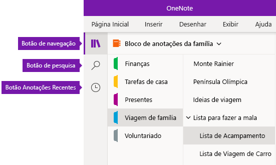 Barra de navegação no OneNote para Windows 10