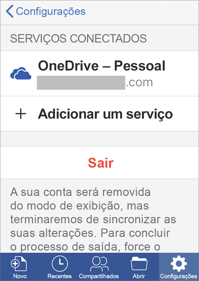 Exibe a opção Saia do Office para iOS