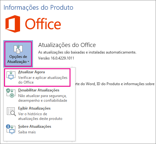 Verificando manualmente atualizações do Office no Word 2016