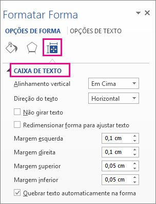 Opções de caixa de texto no painel Formatar Forma