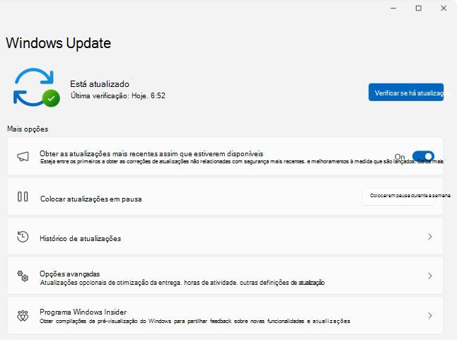 Captura de tela de Configurações > Windows Update.