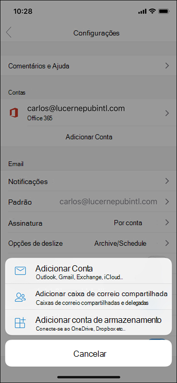 Adicionar uma conta ao aplicativo Outlook