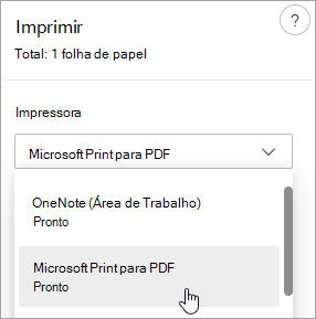 Captura de ecrã a mostrar a seleção de Imprimir para PDF da Microsoft