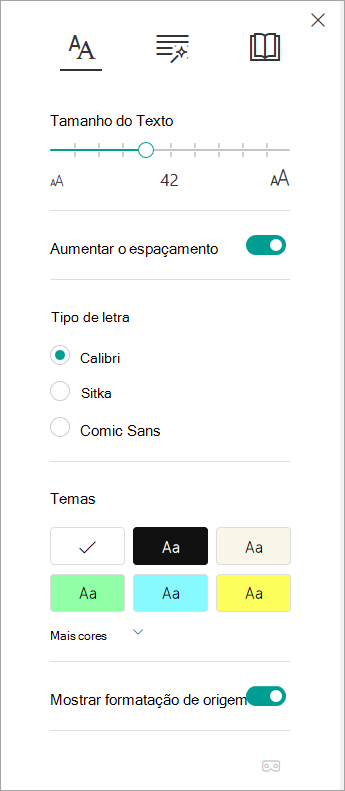 Opções de texto no Leitura Avançada.