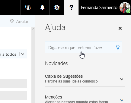 Captura de ecrã do painel Ajuda no Outlook na Web, a mostrar a caixa Diga-me.