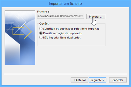 Navegar até ao ficheiro contactos csv e decidir como processar contactos duplicados