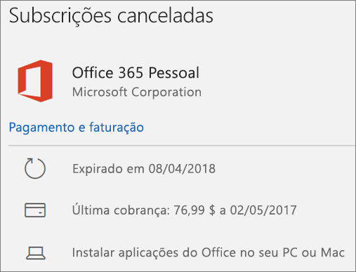 Mostra uma subscrição do Office 365 que expirou