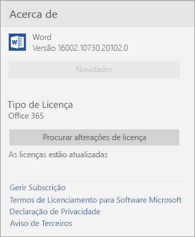 Janela Acerca do Word Mobile
