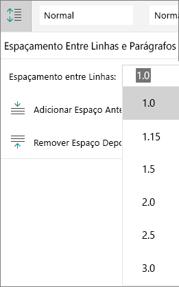 Opções de espaçamento entre linhas