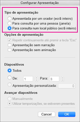 Apresentar opções de tipo