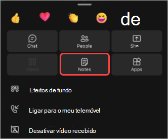 Captura de ecrã a mostrar como aceder a notas durante uma reunião do Teams para dispositivos móveis