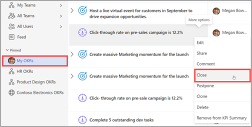 Captura de ecrã do separador Os Meus OKRs no menu pendente Afixado com uma caixa vermelha à volta e uma caixa vermelha à volta de Fechar no lado direito.