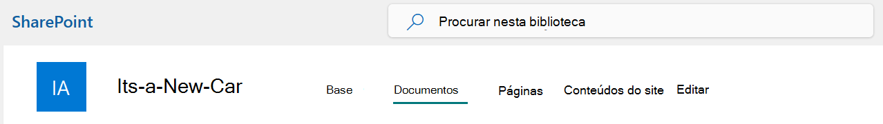 Um menu de barra superior do Site SharePoint com a opção Documentos selecionada.