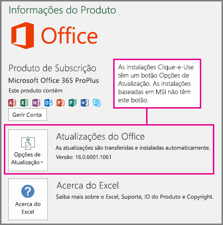 As instalações com tecnologia Clique-e-Use têm um botão Opções de Atualização na página Conta. As instalações baseadas em MSI não têm este botão.
