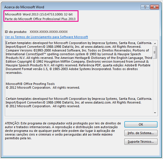 Janela Acerca do Word 2013