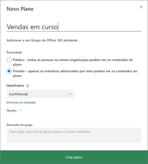 Captura de ecrã a mostrar a caixa de diálogo Novo Plano.