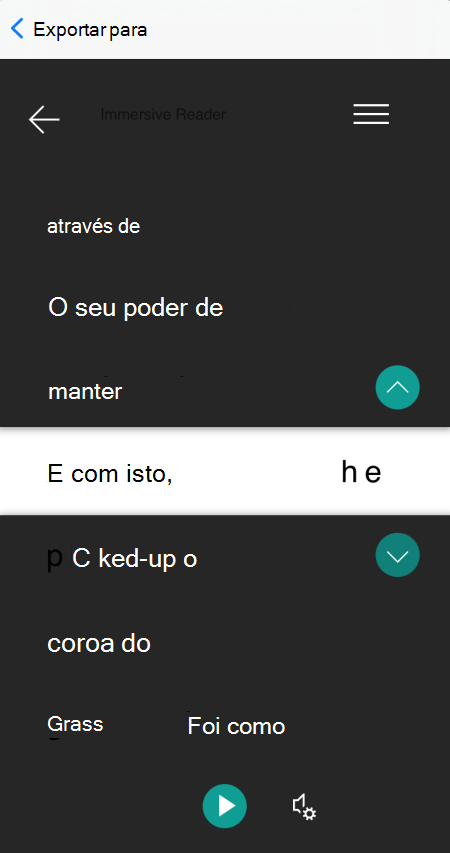 O foco de linha na vista imersiva do leitor na Microsoft Lens para iOS.