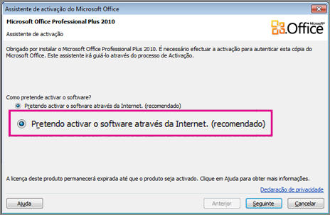 Ativar o software através da Internet