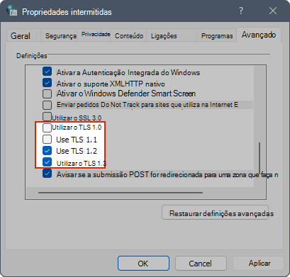 Captura de ecrã a mostrar as definições do TLS nas Propriedades da Internet