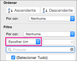 Na caixa Filtro, selecione a opção Selecionar Um