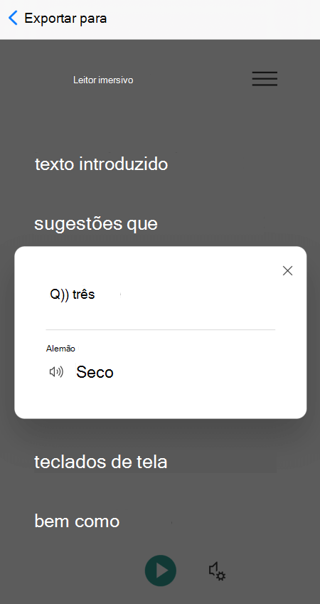 Uma palavra traduzida na vista imersiva do leitor no Microsoft Lens para iOS.