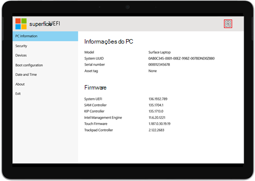 Ecrã de erro de arranque UEFI do Surface