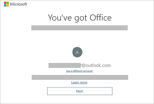 Mostra o ecrã que é apresentado quando compra um novo dispositivo que inclui uma licença do Office. Este ecrã indica que o Office encontrou a sua conta Microsoft existente.