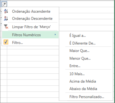 opções de filtragem personalizada disponíveis para valores numéricos.