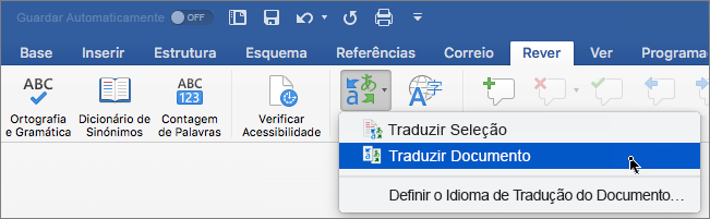 Separador Rever com a opção Traduzir Documento realçada